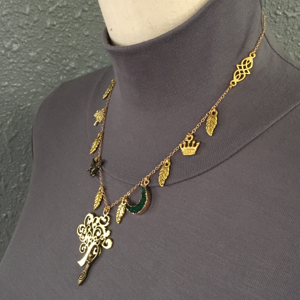 Danu Celtic Forest Goddess Handmade Necklace, Gold Tree, Green Druzy Moon, Crown - Picture 7 of 15